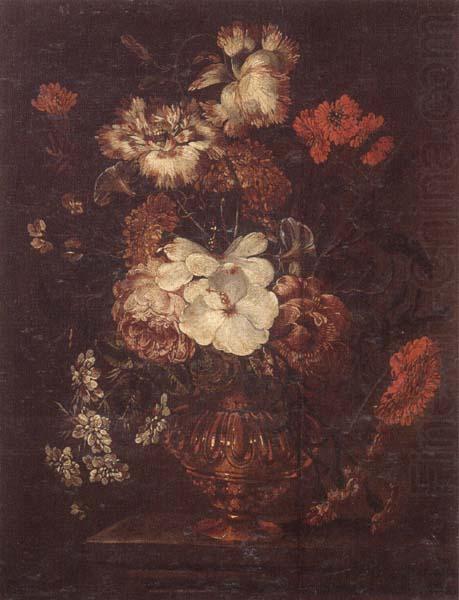 Still life of Roses,Carnations,Daisies,peonies and convulvuli in a gilt vase,upon a stone ledge, unknow artist